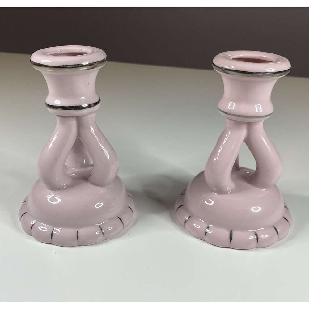 Vtg MCM Set of 2 Pink/Silver Ceramic Candlestick Holders-Japan